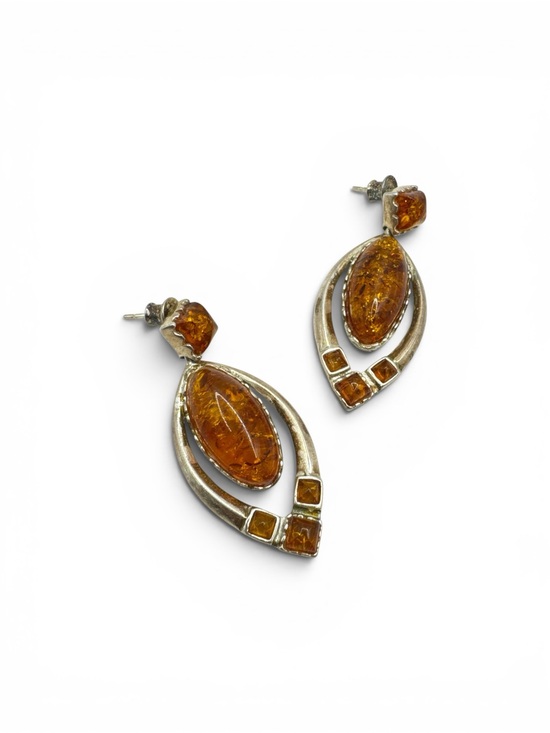 Vintage Jewelry - Vintage Modernist Sterling Silver Baltic Cognac Amber Dangle Earrings 2”